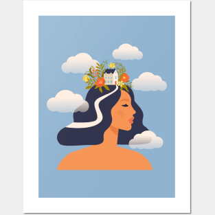 Woman with house and flowers on the head Posters and Art